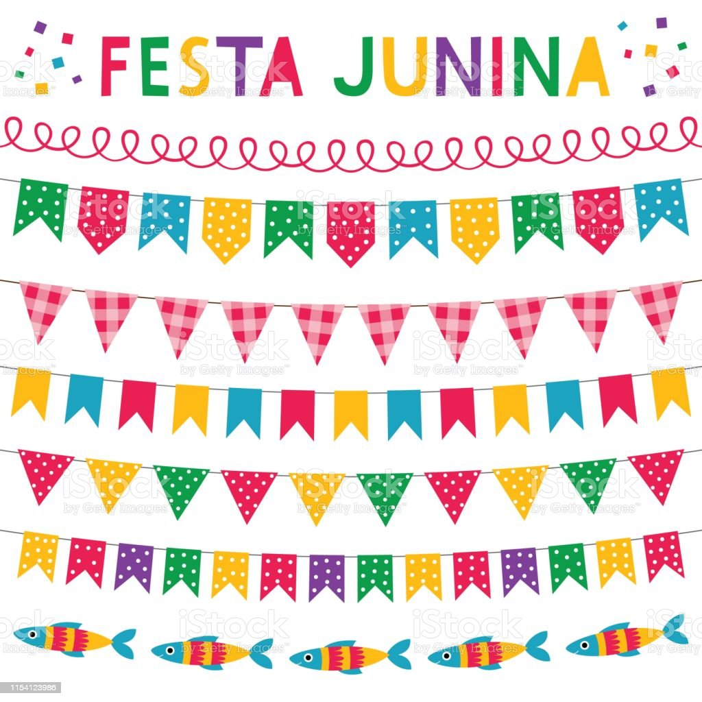 No centro da imagem, o título festa junina em letras coloridas. Abaixo, bandeirinhas para simbolizar a festa, todas coloridas, e peixinhos para simbolizar a pescaria.